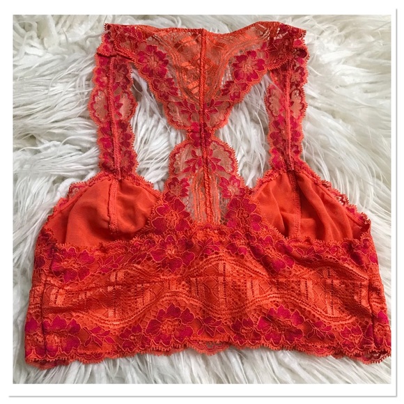 Free People Racerback Lace Bralette Orange & Hot Pink Floral Lace Size XS - Picture 6 of 9